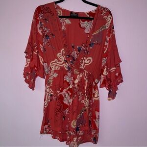 Angie Size M Red Romper Boho Wrap Front Ruffle Sleeve Shorts